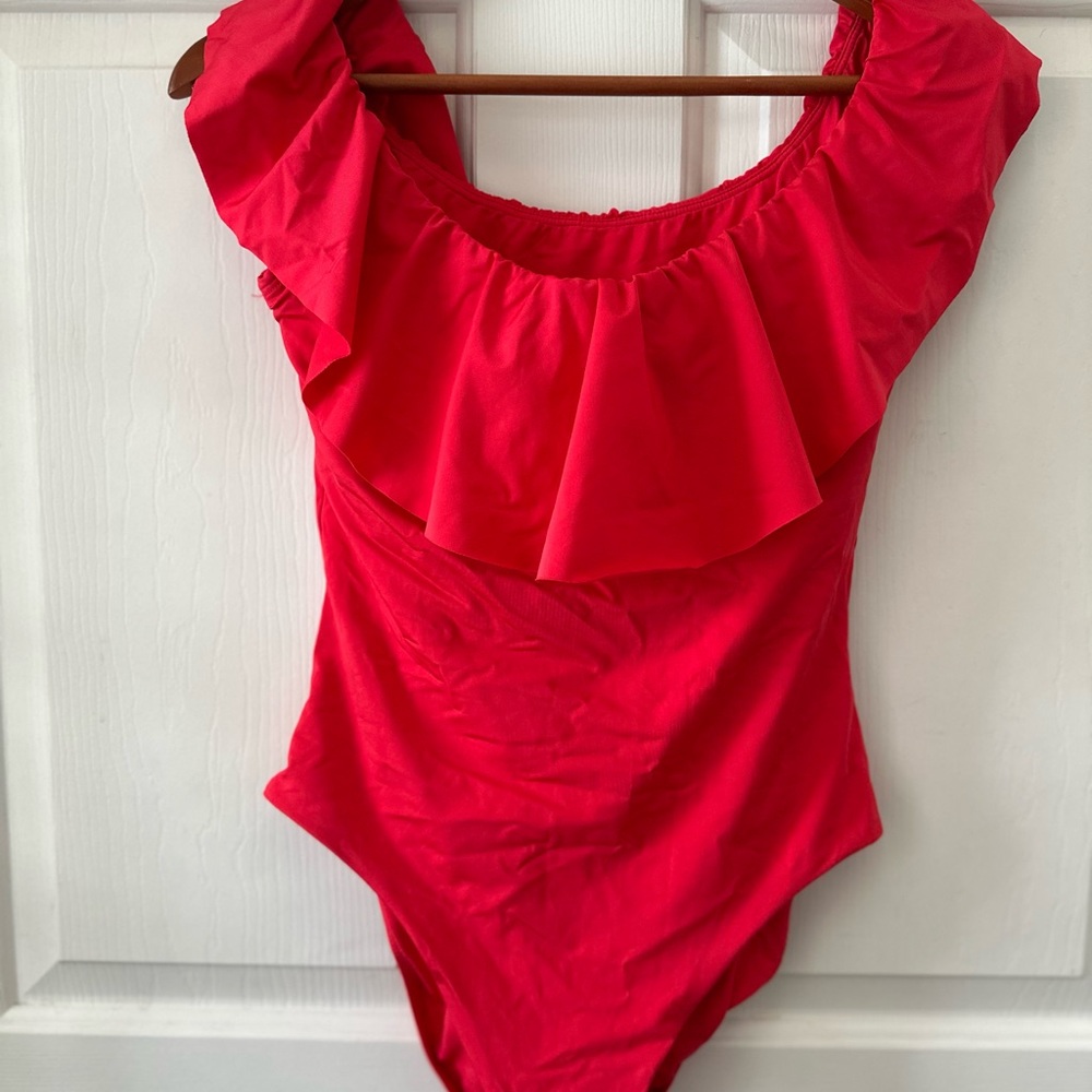 Trina Turk Red One-Piece Swimsuit with Ruffle Neckline